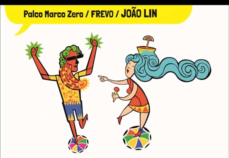 Palco Marco Zero Frevo João Lin - Decoração de Carnaval leva o cartum às ruas do Recife