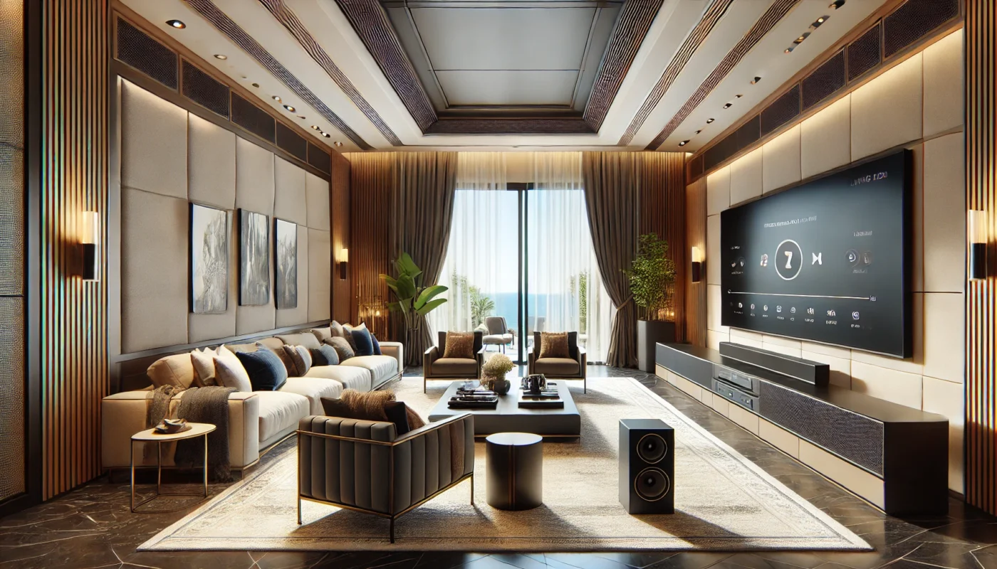 DALL·E 2024 07 10 09.08.39 Realistic high end photograph of a modern decorated living room. The room features a home theater system with a soundbar only (no other speakers), a l